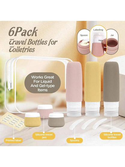 Travel Essentials Bottle Set of 6, Tsa Approved Travel Toiletry Container Set, 3 Silicone Leak-Proof Refillable Bottles and 3 Cream Jar Accessories Kit, Essential for Cruises and Travel Season