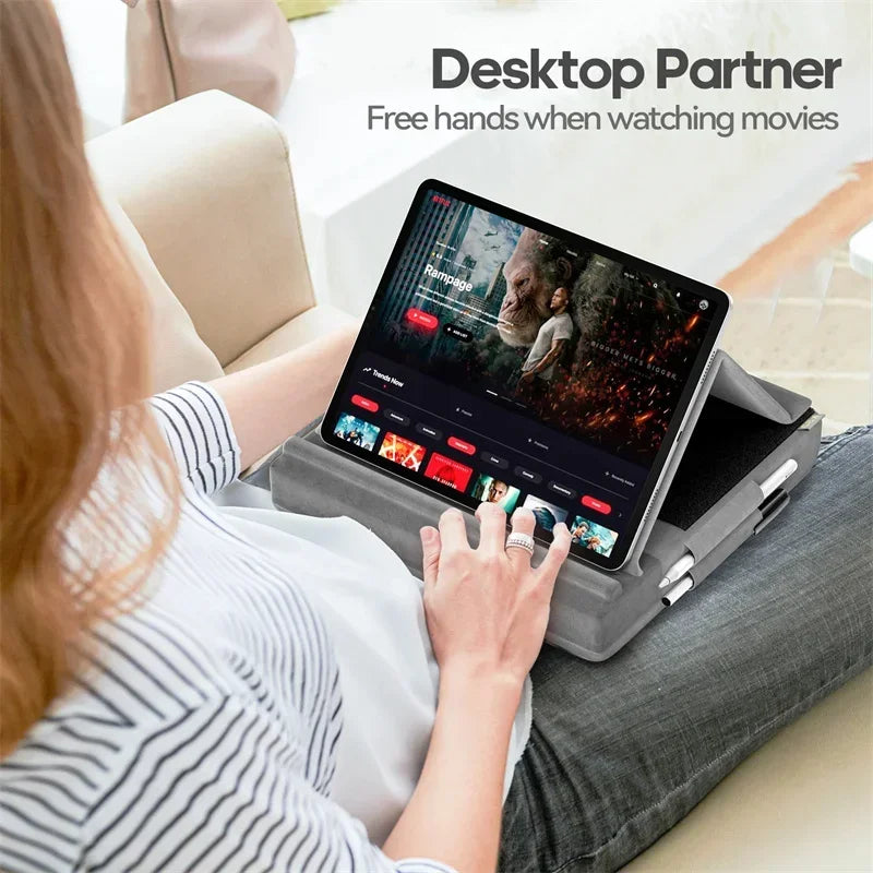 Tablet Pillow Stand Multi-Angle Viewing Ipad Holder for Lap Bed Foldable Soft Pad Dock with Stylus Mount