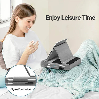 Tablet Pillow Stand Multi-Angle Viewing Ipad Holder for Lap Bed Foldable Soft Pad Dock with Stylus Mount