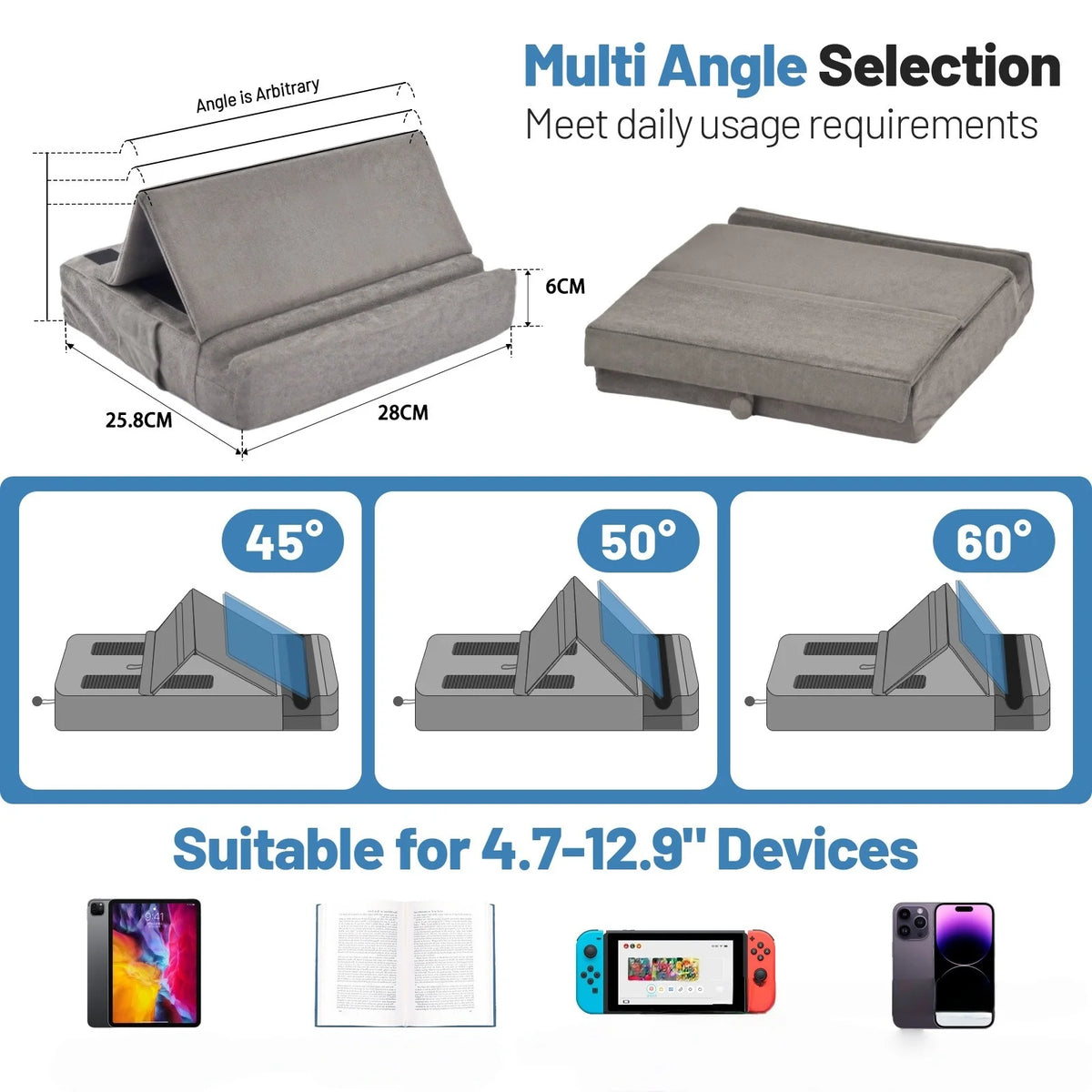 Tablet Pillow Stand for Lap Soft Holder Bed Desk Floor Foldable Multi-Angle Support Tablet Phone Holder for 4-13inch IPad Tablet