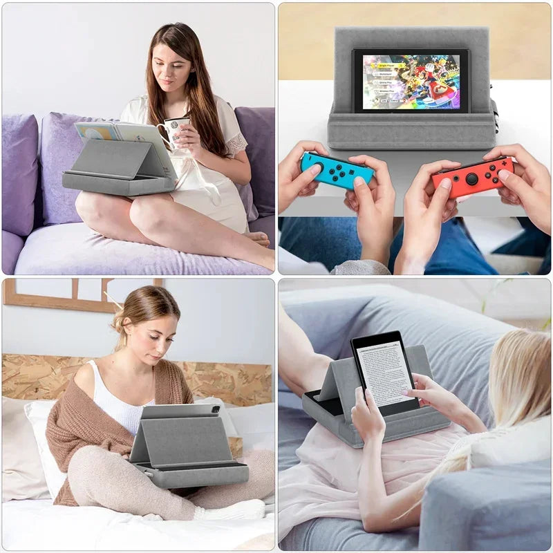Tablet Pillow Stand Multi-Angle Viewing Ipad Holder for Lap Bed Foldable Soft Pad Dock with Stylus Mount