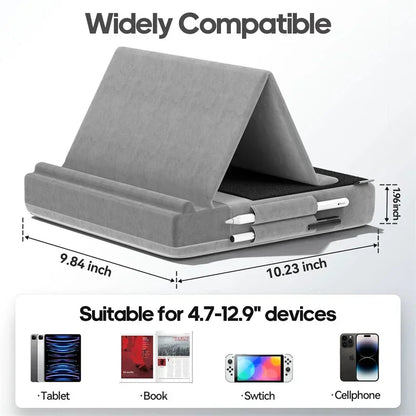 Tablet Pillow Stand Multi-Angle Viewing Ipad Holder for Lap Bed Foldable Soft Pad Dock with Stylus Mount