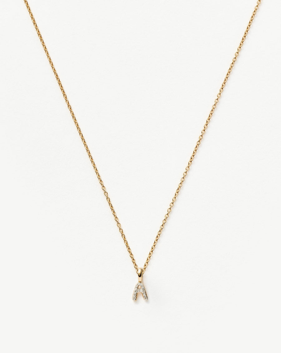 Solid Gold Diamond Initial Mini Pendant Necklace  - A | 14ct Solid Yellow Gold Plated/Diamond
