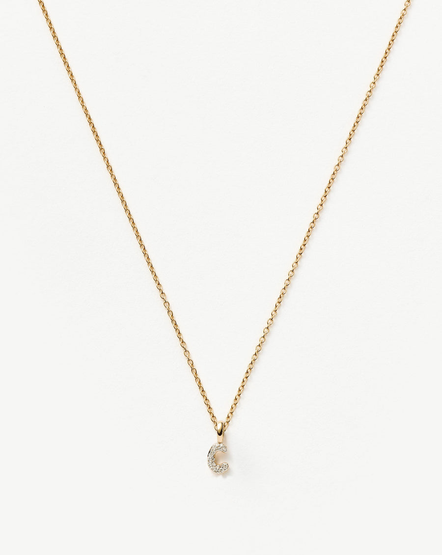 Solid Gold Diamond Initial Mini Pendant Necklace - C| 14ct Solid Yellow Gold Plated/Diamond