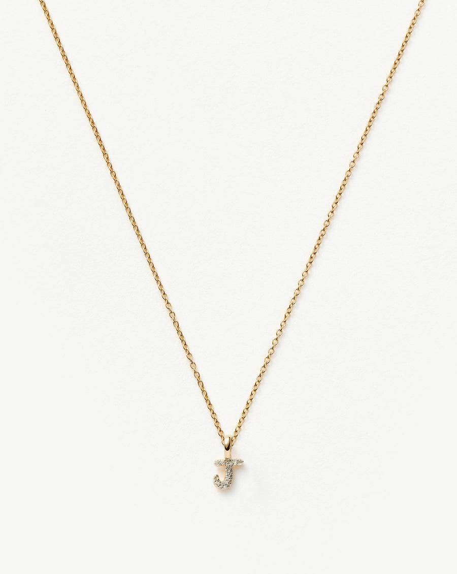 Solid Gold Diamond Initial Mini Pendant Necklace - J | 14ct Solid Yellow Gold Plated/Diamond