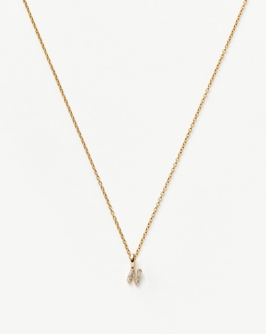 Solid Gold Diamond Initial Mini Pendant Necklace - N | 14ct Solid Yellow Gold Plated/Diamond