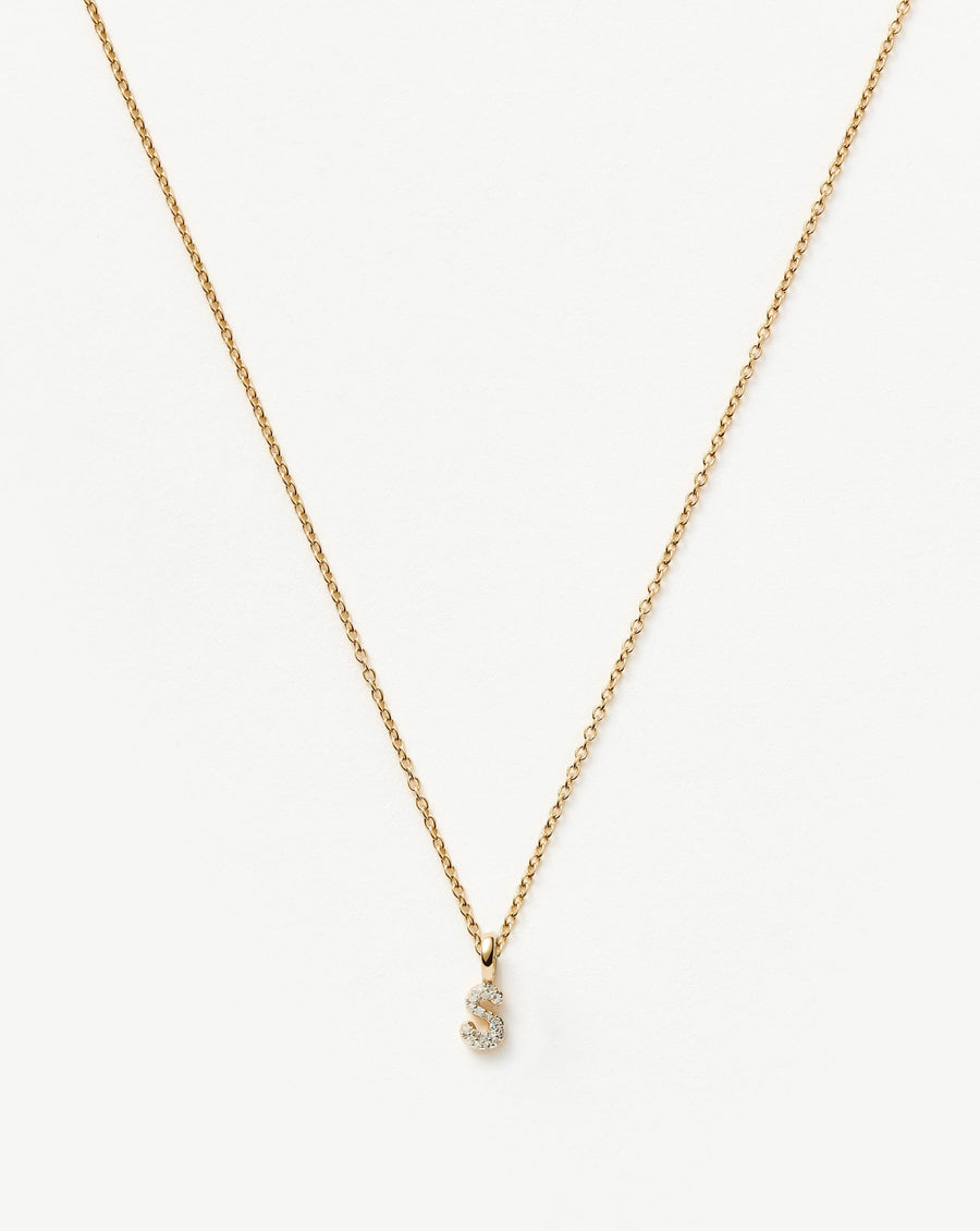 Solid Gold Diamond Initial Mini Pendant Necklace - S | 14ct Solid Yellow Gold Plated/Diamond