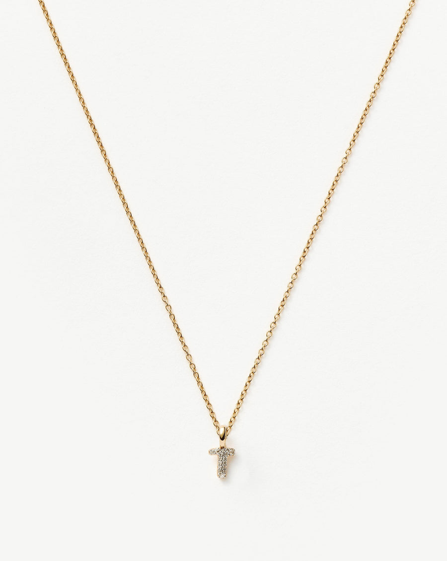 Solid Gold Diamond Initial Mini Pendant Necklace - T | 14ct Solid Yellow Gold Plated/Diamond