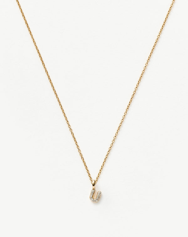 Solid Gold Diamond Initial Mini Pendant Necklace - U | 14ct Solid Yellow Gold Plated/Diamond
