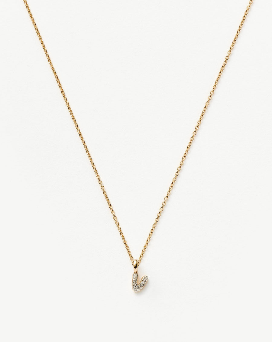 Solid Gold Diamond Initial Mini Pendant Necklace - V | 14ct Solid Yellow Gold Plated/Diamond