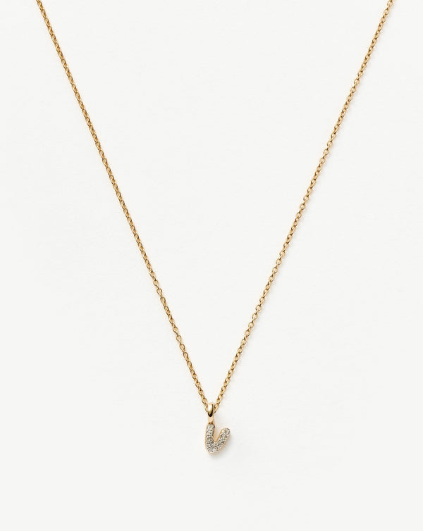 Solid Gold Diamond Initial Mini Pendant Necklace - V | 14ct Solid Yellow Gold Plated/Diamond