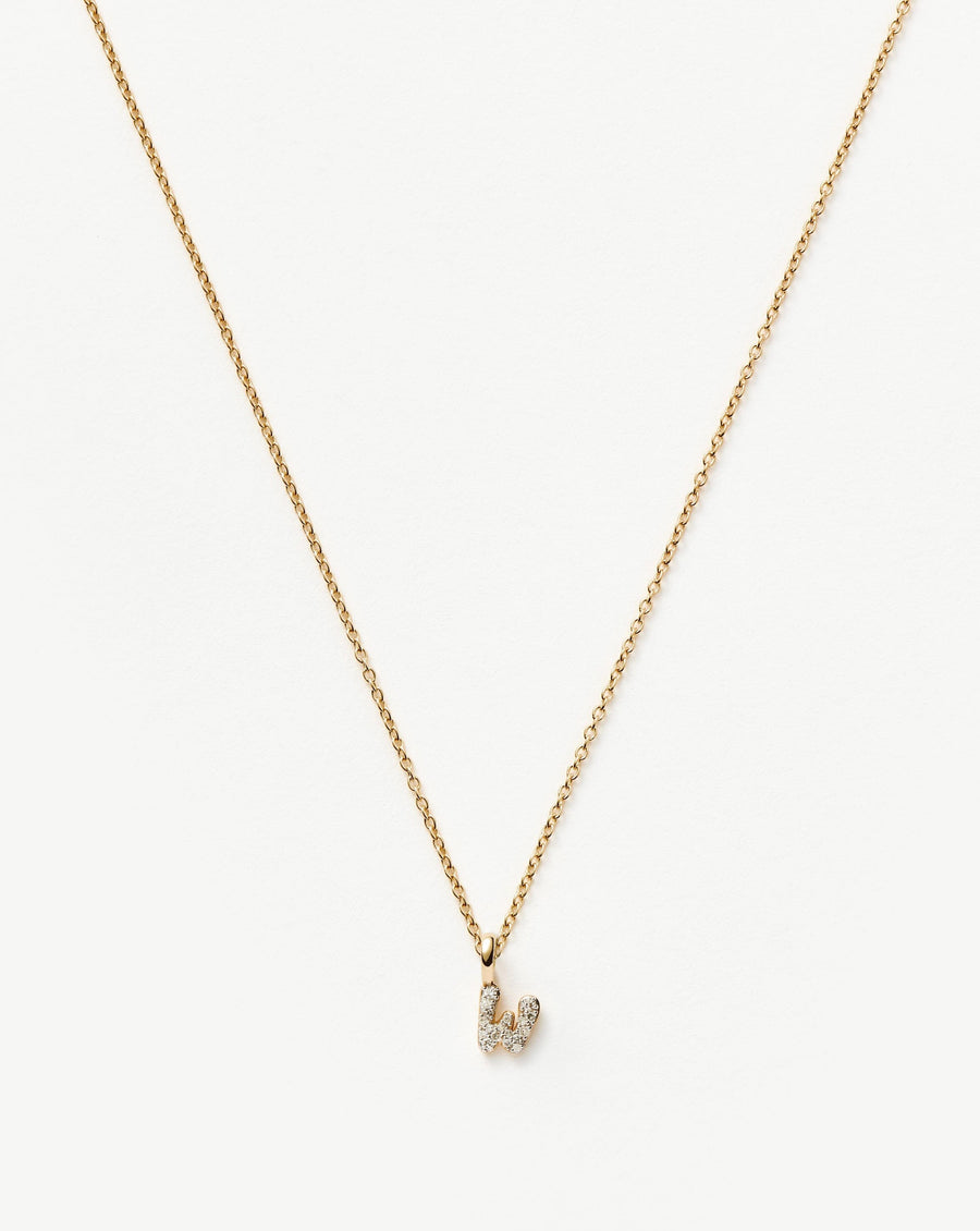 Solid Gold Diamond Initial Mini Pendant Necklace - W | 14ct Solid Yellow Gold Plated/Diamond